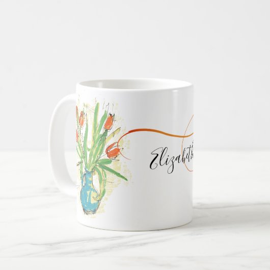 Rote Tulpen in blauer Vasen-Frühlings-mit Kaffeetasse (Vorderseite Links)