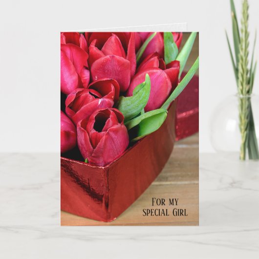 rote Tulpen in der Herzbox Karte (Vorderseite)