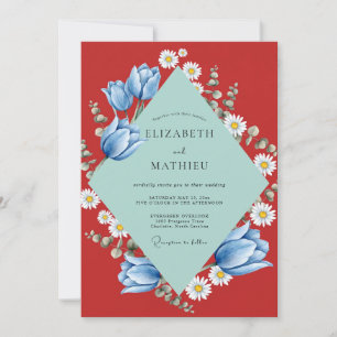 Rote Tulpen-Margerite-Eukalyptus-Hochzeit Einladung