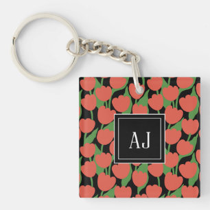 Rote Tulpen retro, personalisiertes Monogramm  Schlüsselanhänger