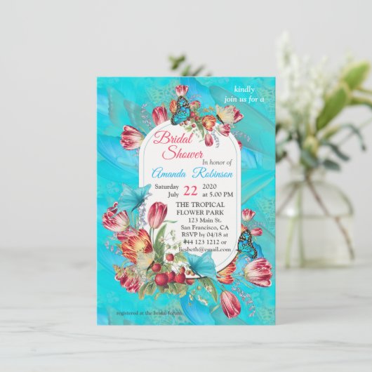 Rote Tulpen & Schmetterlinge besuchen. Einladung (Stehend Vorderseite)