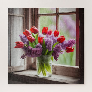 Rote Tulpen- und Fliederstrauß Puzzle