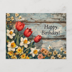 Rote Tulpen und Osterglocken auf blauem Holz Postkarte