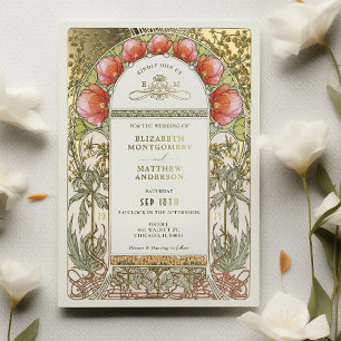 Rote Tulpen Vintage-Hochzeit Art Nouveau Folieneinladung