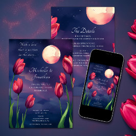 Rote Tulpen, Vollmond und Sterne auf einer Hochzei Einladung