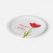 Rote Tulpenkunst auf Hochzeitstich mit Single Pappteller (Schrägansicht)
