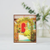 Rote Tür mit Blumentor Postkarte (Stehend Vorderseite)