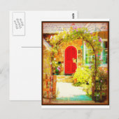 Rote Tür mit Blumentor Postkarte (Vorne/Hinten)