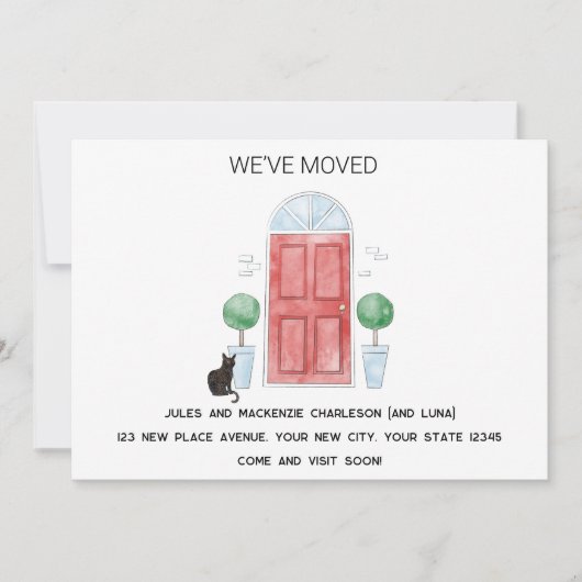 Rote Tür und Katze haben wir neue Zuhause verschob Ankündigung (Vorderseite)