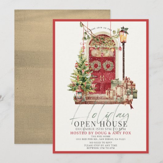 Rote Tür Weihnachtsfeiertag Open House Feiertagskarte (Vorne/Hinten)