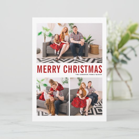 Rote Typografie Frohe Weihnachten Drei Foto (Stehend Vorderseite)