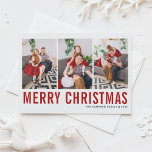 Rote Typografie Frohe Weihnachten Drei FotoCollage<br><div class="desc">Frohe Weihnachten! Individuell gestaltbare Weihnachts-Foto-Collage Postcard mit roter und schwarzer Typografie. Personalisieren Sie Ihre Daten durch Hinzufügen von drei Fotos,  Namen,  Jahr und anderen Details. Diese moderne Weihnachtspostkarte ist in anderen Farben und mit Karton erhältlich.</div>