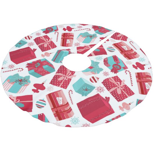 Rote u. blaue Retro Weihnachtspakete Polyester Weihnachtsbaumdecke (Schrägansicht)