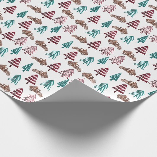 Rote u. grüne alte LKW-Weihnachtsbaum-Lieferung Geschenkpapier (Ecke)