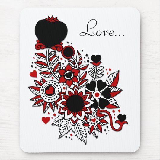 Rote u. schwarze abstrakte Herzen u. Mousepad (Vorne)