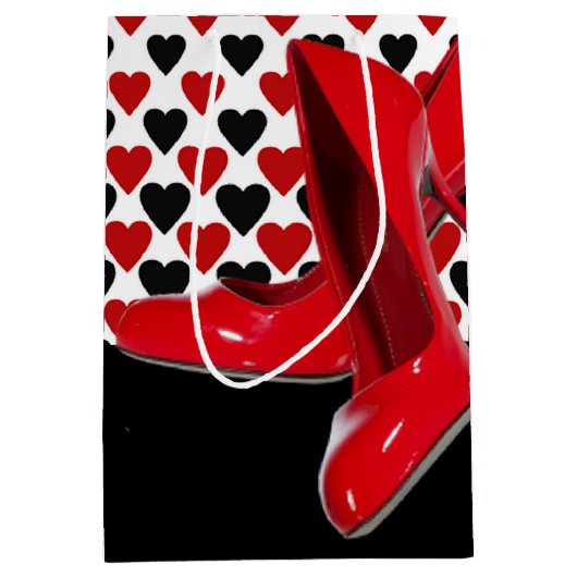 Rote u. schwarze Herzen mit rotem hohem Heels Mittlere Geschenktüte (Vorderseite)