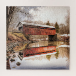Rote überdachte Brücke über das Rätsel Puzzle