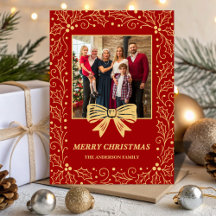 Rote und Antik-Gold-Schleife Familien-Weihnachtsfo