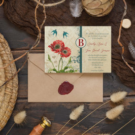 Rote und Aquamarine Blaue Liebesvögel Damask Mohne Einladung