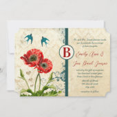 Rote und Aquamarine Blaue Liebesvögel Damask Mohne Einladung (Vorderseite)