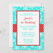 Rote und Aquamarine Schneeflocken Wintereinland Einladung (Vorderseite)