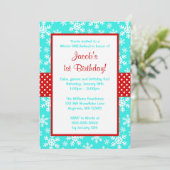 Rote und Aquamarine Schneeflocken Wintereinland Einladung (Stehend Vorderseite)