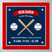 Rote und blaue Baseballschläger und -bälle Geburts Poster (Vorne)