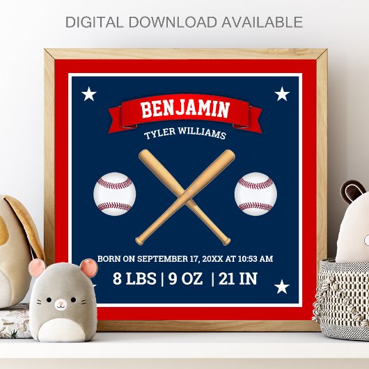 Rote und blaue Baseballschläger und -bälle Geburts Poster