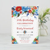 Rote und blaue Blumen 50. Geburtstag Einladung (Stehend Vorderseite)