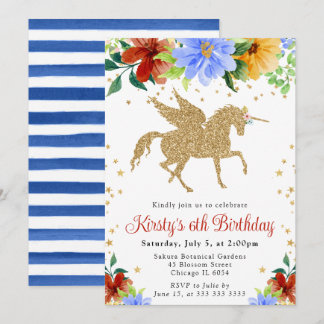 Rote und blaue Blumen Gold Unicorn Geburtstag Einladung