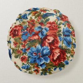 Rote und blaue Blumen mit üppigen Blätter Rundes Kissen