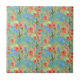 Rote und blaue Blumen und grüne Blätter Fliese