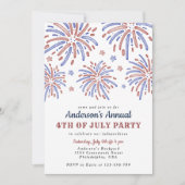 Rote und blaue Feuerwerke 4. Juli Party Einladung (Vorderseite)