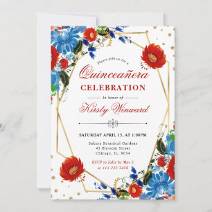 Rote und blaue Frühlingsblumen rahmen Quinceanera Einladung