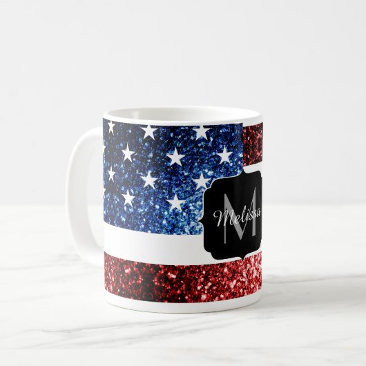 Rote und blaue Glitzern-Glitzer Monogram Kaffeetasse (Vorderseite Links)