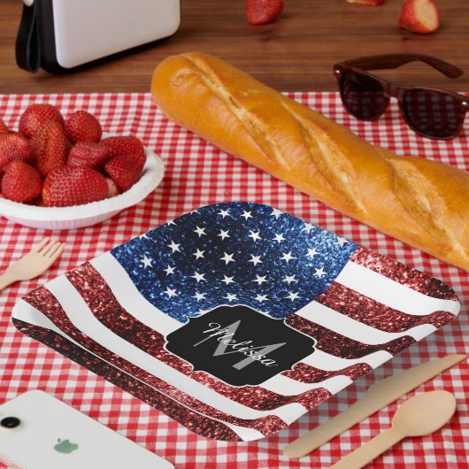 Rote und blaue Glitzern-Glitzer Monogram Pappteller (Picknick)