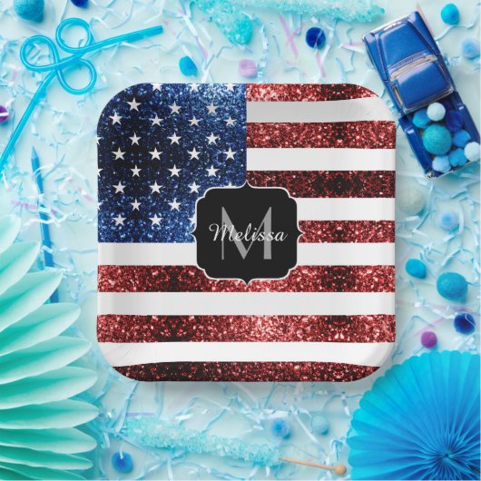 Rote und blaue Glitzern-Glitzer Monogram Pappteller (Party)