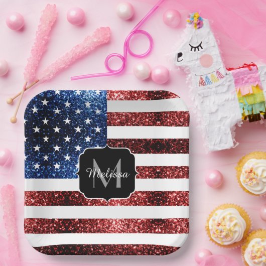 Rote und blaue Glitzern-Glitzer Monogram Pappteller (Party)