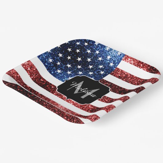 Rote und blaue Glitzern-Glitzer Monogram Pappteller (Gewinkelt)