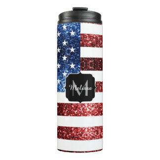 Rote und blaue Glitzern-Glitzer Monogram Thermosbecher