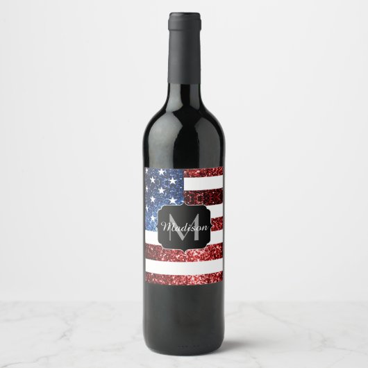 Rote und blaue Glitzern-Glitzer Monogram Weinetikett (Vorderseite)