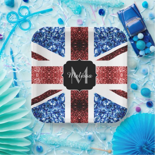 Rote und blaue Glitzern Monogram (UK-Flagge) Pappteller (Party)