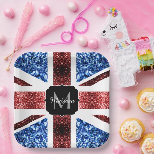 Rote und blaue Glitzern Monogram (UK-Flagge) Pappteller (Party)