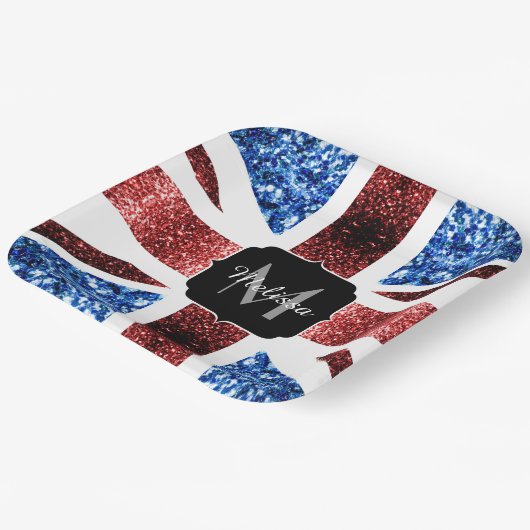 Rote und blaue Glitzern Monogram (UK-Flagge) Pappteller (Gewinkelt)