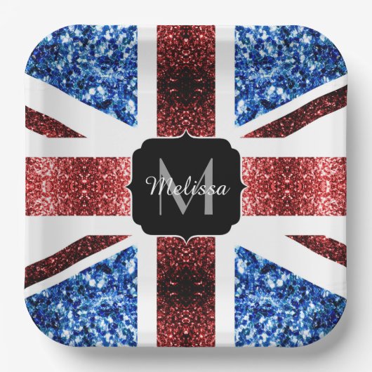 Rote und blaue Glitzern Monogram (UK-Flagge) Pappteller (Vorderseite)