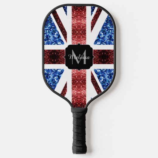 Rote und blaue Glitzern Monogram (UK-Flagge) Pickleball Schläger (Vorderseite)