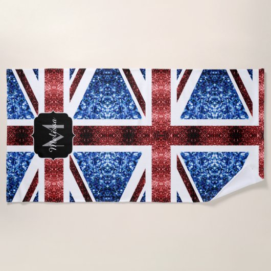 Rote und blaue Glitzern Monogram (UK-Flagge) Strandtuch (Vorderseite)