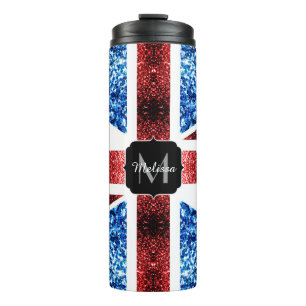 Rote und blaue Glitzern Monogram (UK-Flagge) Thermosbecher