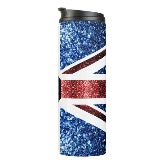 Rote und blaue Glitzern Monogram (UK-Flagge) Thermosbecher (Nach rechts gedreht)