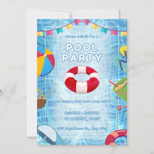 Rote und blaue kühne Poolparty Einladung (Vorderseite)